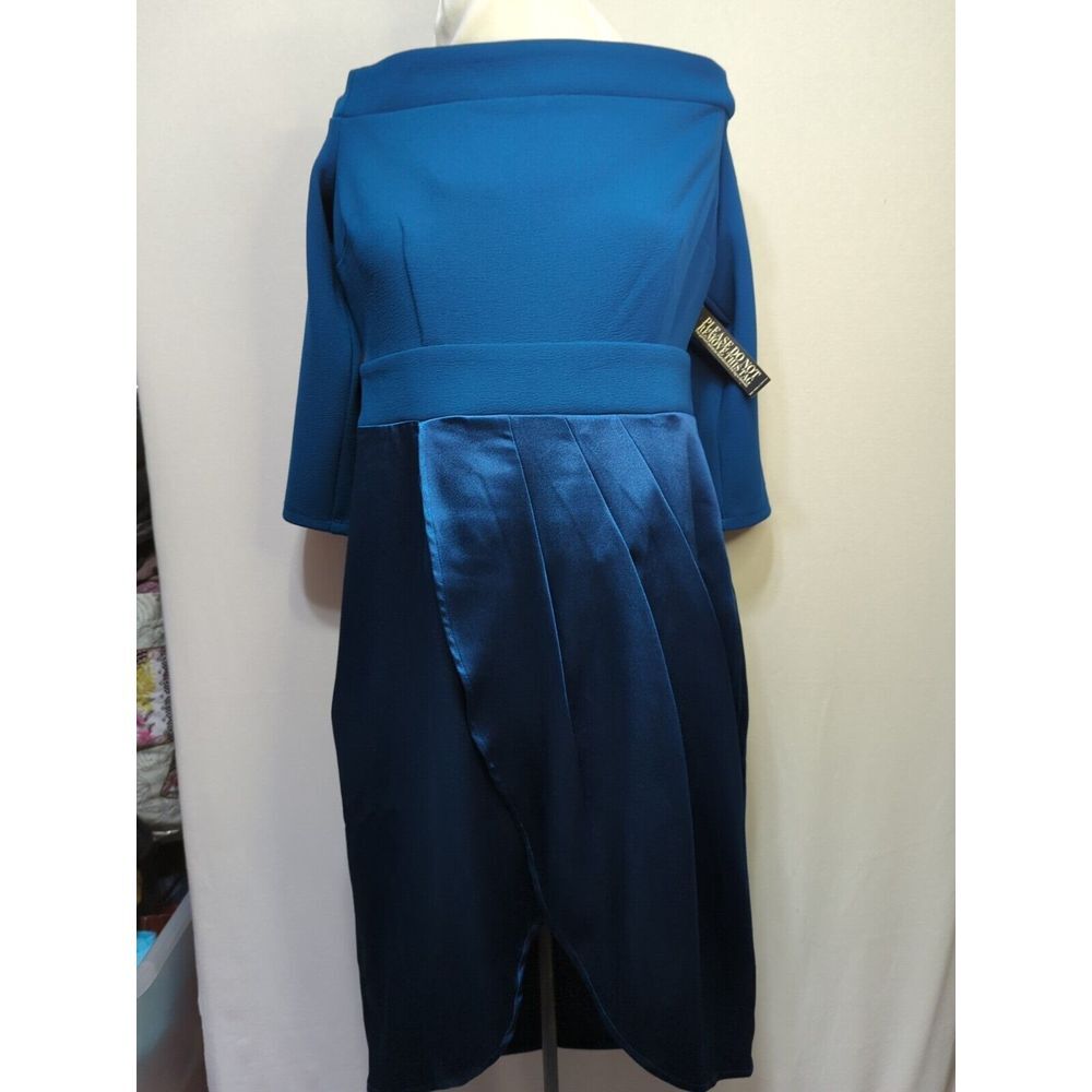 New‎ York &Company Blue Teal Off The Shoulder 3/4 Sleeve Dress Size Large NWT